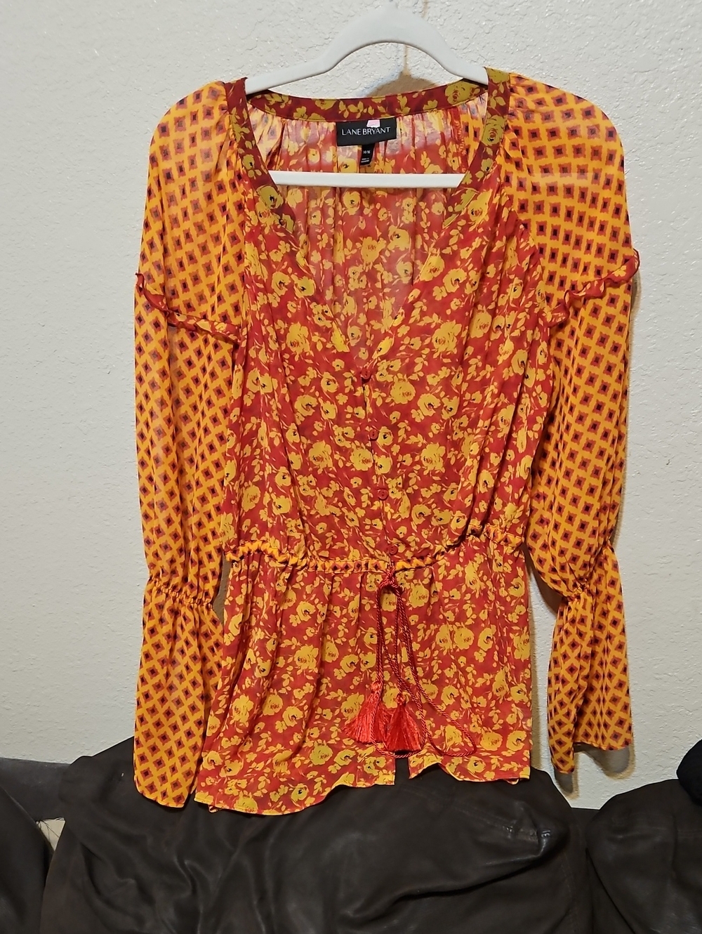 Lane Bryant Red and Yellow Floral Mixed-Print Peasant Tunic